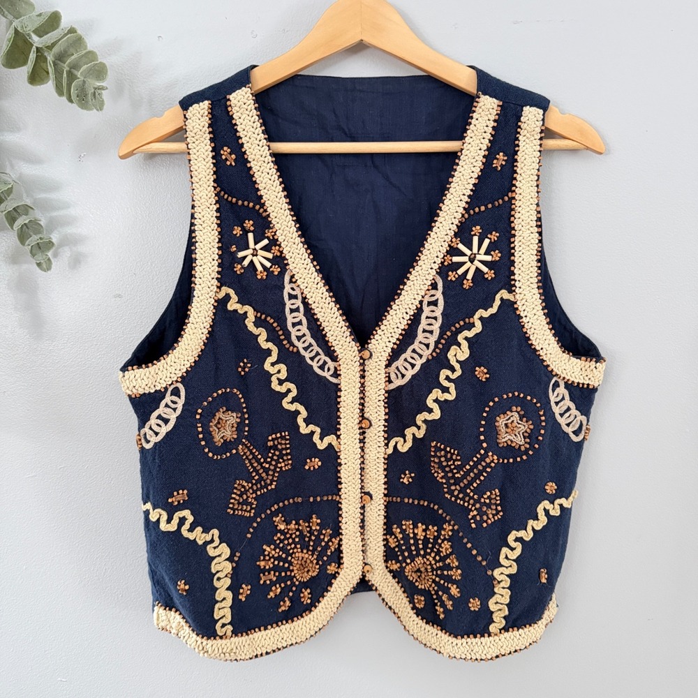 Vtg Bohemian Folkcore Hippie Beaded Blue Vest Crochet Trim Wood Bead Detail S